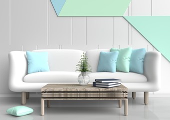Pastel  room are decorated with white sofa, tree in glass vase,light green and light blue pillows, Blue book, pastel cement wall it is grid pattern and the white cement floor. 3d rendering.