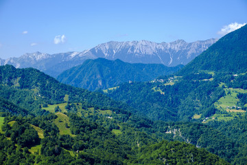 Naklejka na ściany i meble View from villge of Sebrelje towards Tolmin mountains.