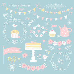 Set of elements for birthday party, greeting cards and scrapbook