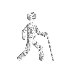 Blind man person stick figure walking with white cane, vector silhouette. Illustration dot point gradient.