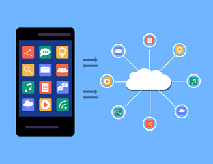 modern cloud services and Cloud Computing Elements Concept. Devices connected to the cloud with Gears. Flat Illustration.