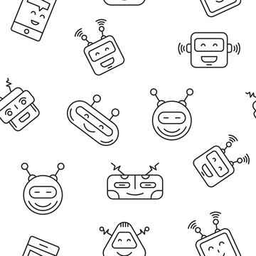 Cartoon character cute Robot Seamless Pattern outline stroke pictogram Illustration on White Background. Face robot pattern for backgrounds and wrapping paper, for printing on childrens textiles
