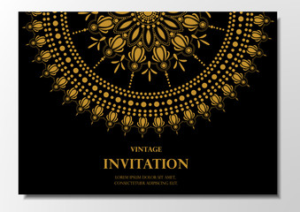 invitation card vintage design with gold lace mandala pattern on black background vector