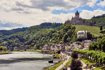 City of Cochem with "Reichsburg Castle" in wine growing area of Moselle / Valley of Moselle in germany
