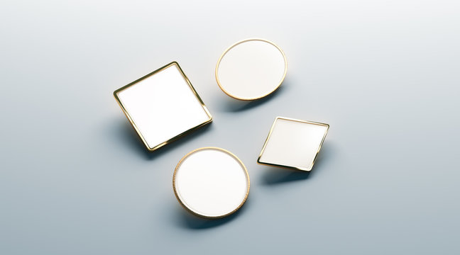 Blank White Gold Lapel Badge Mock Ups Set, Round, Square, Rhombus, Ellipse, 3d Rendering. Empty Luxury Hard Enamel Pin Mockup. Golden Clasp-pin Design Template. Expensive Brooch For Presentation.