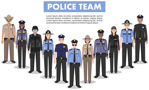 Police people concept. Detailed illustration of SWAT officer, policeman, policewoman and sheriff in flat style on white background. Vector illustration.