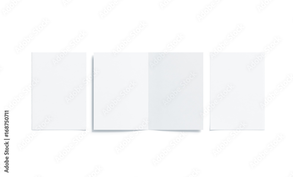Fototapete Blank white two folded a5 booklet mock up, opened and closed, front and back side, top view, 3d rendering. Plain twofold brochures mockups set isolated. Book cover and flier inside, copy space.