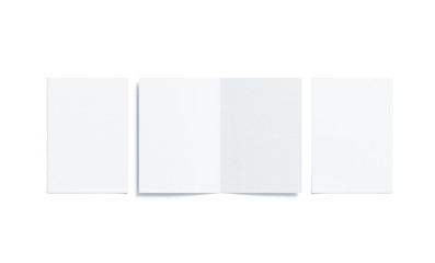 Blank white two folded a5 booklet mock up, opened and closed, front and back side, top view, 3d...