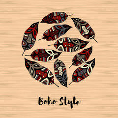 Vector background with decorative feathers. Poster with hanging bird feathers.