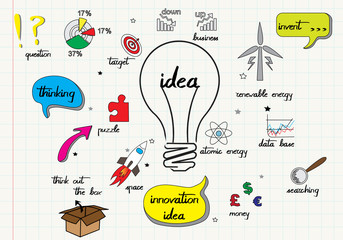 Lightbulb ideas concept doodles icons set