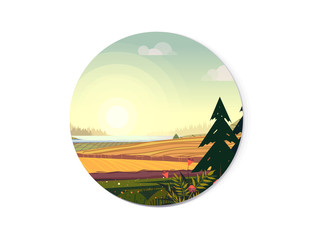 Organic farming illustration, fields and trees. Vector illustration for web design development, natural landscape graphics for your design