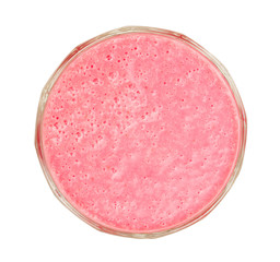 Glass of raspberry yogurt with mint leaves isolated on white background. Top view