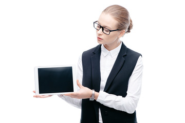 businesswoman showing digital tablet