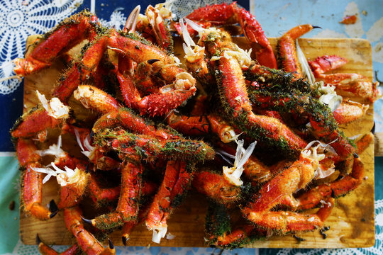 galician spider crab cooked and cut for eating  ; maja squinado