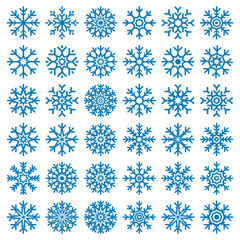 Vector blue snowflakes set on white background, winter icons silhouette, 25 ice stars, vector elements for your Christmas and New Year holiday design projects