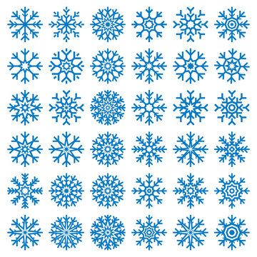 Vector blue snowflakes set on white background, winter icons silhouette, 25 ice stars, vector elements for your Christmas and New Year holiday design projects