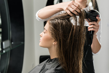 Fototapeta premium hairdresser drying hair of woman