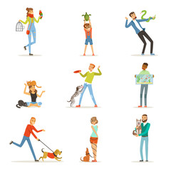 Fototapeta na wymiar Happy people having fun with pets, man, women and kids training and playing with their pets vector Illustrations