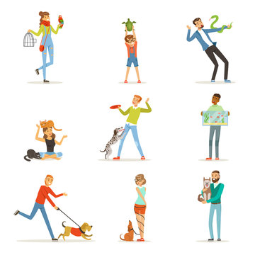 Happy people having fun with pets, man, women and kids training and playing with their pets vector Illustrations