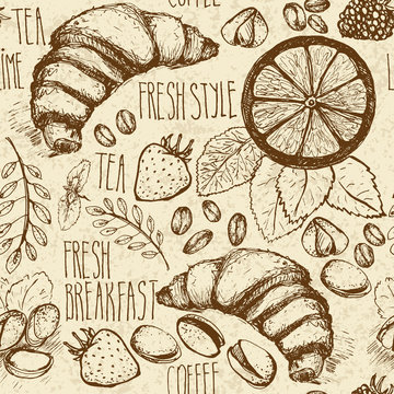 Sketched breakfast seamless background with croissant, lemon and berries. Drawned on old brown paper