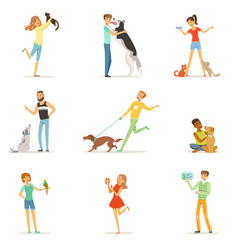 Fototapeta na wymiar Happy people having fun with pets, man and women training and playing with their pets vector Illustrations