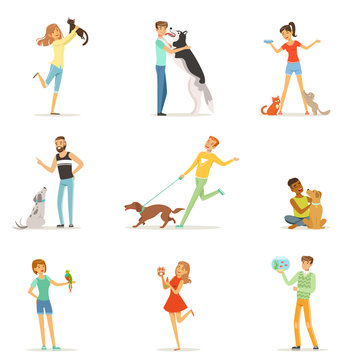 Happy people having fun with pets, man and women training and playing with their pets vector Illustrations
