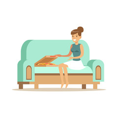 Beautiful girl sitting on a light blue sofa and eating pizza, woman resting at home vector Illustration