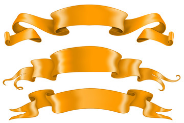 Orange shiny ribbon banners. Collection of blank scrolls
