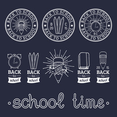 Fototapeta premium Vector set of vintage Back to School labels. Retro signs, icons collection with educational equipment.