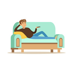 Young man lying on a sofa and watching TV, male resting at home vector Illustration