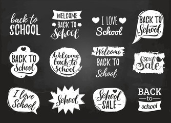 Vector set of vintage Back to School in comic speech bubbles on chalkboard. Educational labels with hand lettering.