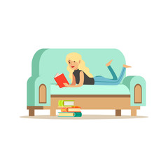 Young blonde woman lying on her stomach on a light blue sofa and reading a book, woman resting at home vector Illustration