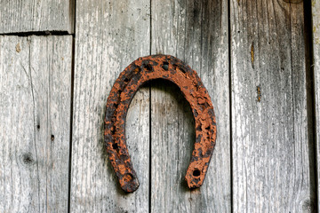 Old metal rusted horseshoe hanged on gray wooden wall