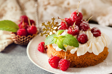 Raspberry Cake with whipped cream on pink background