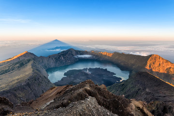 Scenery of Mount Rinjani, active volcano and crater lake from the summit at sunrise, Lombok - Indonesia.