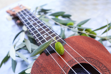 Olive brunches and ukulele, Greek music concept close up. Small guitar under the olive tree, Greece melody backdrop.