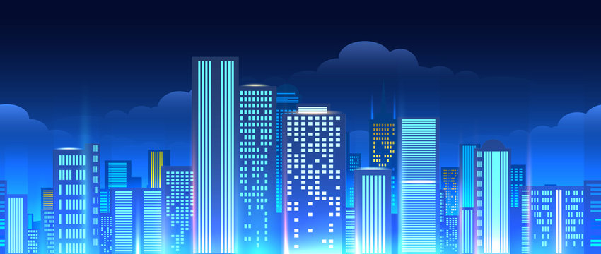 Neon Lights Modern Cityscape Horizontal Seamless Pattern. Futuristic City Architecture Background With Blue Lights Vector Illustration