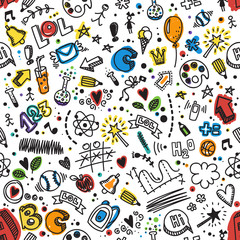 Vector seamless hand drawn doodle pattern. Back to school background. Kid's style. Good for wrapping paper, notebook covers and other printed works. - 168760511