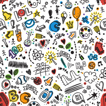 Vector seamless hand drawn doodle pattern. Back to school background. Kid's style. Good for wrapping paper, notebook covers and other printed works.