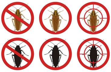 Stop cockroach signs. A set of insect pest control signs. Vector illustration.