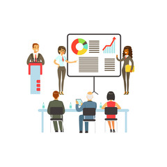 Businesspeople making presentation and explaining chart on a whiteboard, business meeting in an office vector Illustration