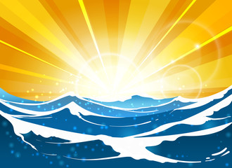 Shiny sun seascape vector illustration. Cartoon sunrise or sunrise at sea for travel posters and summer banners