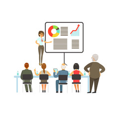 Businesswoman making presentation and explaining chart on a whiteboard, business meeting in an office vector Illustration