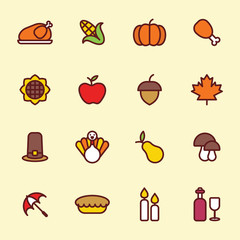 Thanksgiving Day Icon Holiday Line Pack Set
