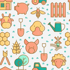 Organic farming seamless pattern with thin line icons of animals, tools and symbols for eco products, farming flyers and banners. Agriculture vector illustration for web page, print media.