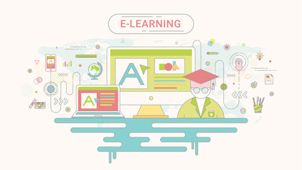 E-learning infographic concept. Computer and online education icons on world map background created by the vector. Flat line style in soft color tone.