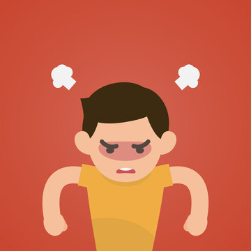 Cute boy gets mad angry fighting with blowing from ears expression, Vector illustration.