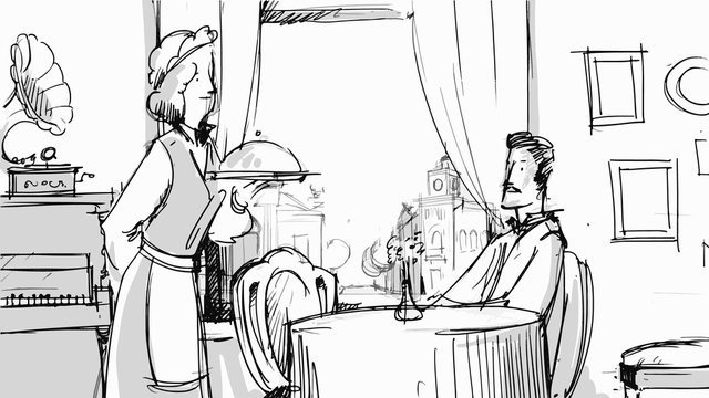 Man in a restaurant receiving his order Vector sketch for projects, cartoon, storyboard
