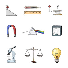 lightbulb and prism, crystal lattice and scale with magnifying glass. engraved hand drawn in old sketch and vintage symbols. Back to School Elements of Science or physics and laboratory experiments.