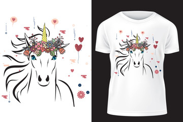 Unicorn with flower crown. Template for print on T-shirt